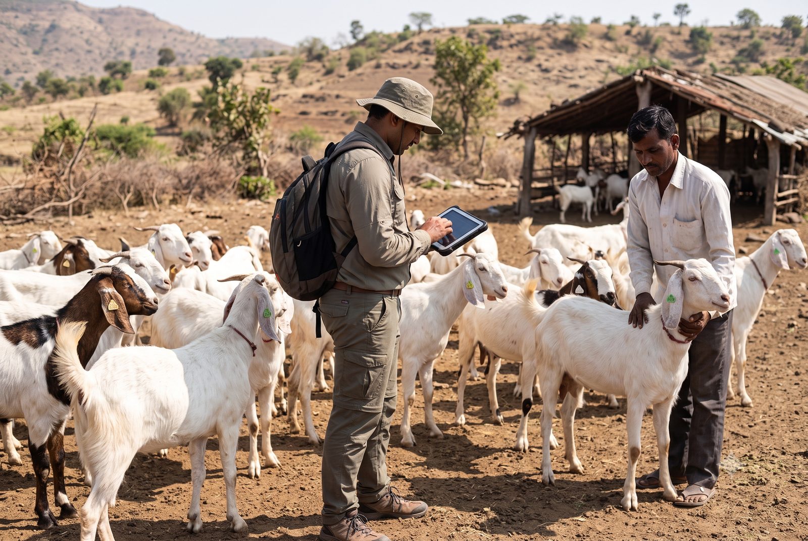 Field enumerator recording data for goats in a rural Maharashtra farm setting