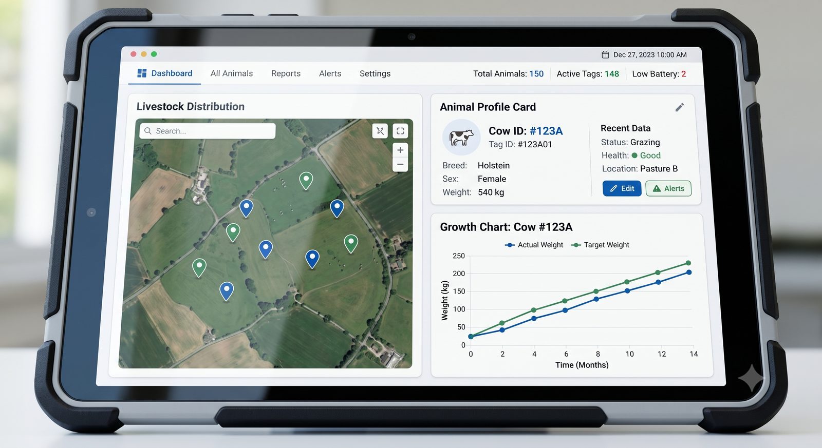 Livestock tracking dashboard on a rugged field tablet showing animal distribution map, animal profile, and growth chart