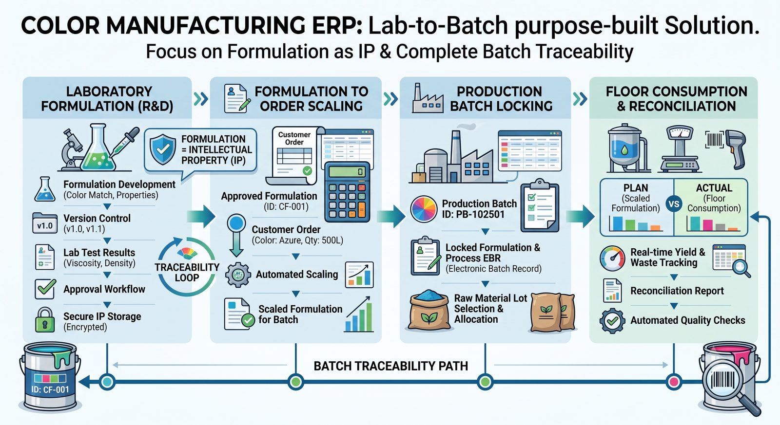 Color Manufacturing ERP flow: laboratory formulation, order scaling, production batch locking, and floor consumption reconciliation