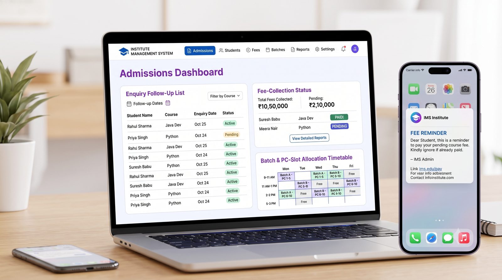Nakshatra IMS admissions dashboard on a laptop, with an automated fee-reminder SMS on a phone alongside