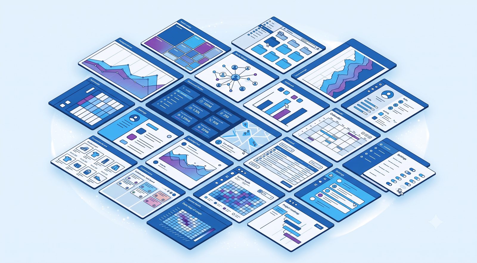 An isometric cluster of application dashboards and interfaces built by Mancers