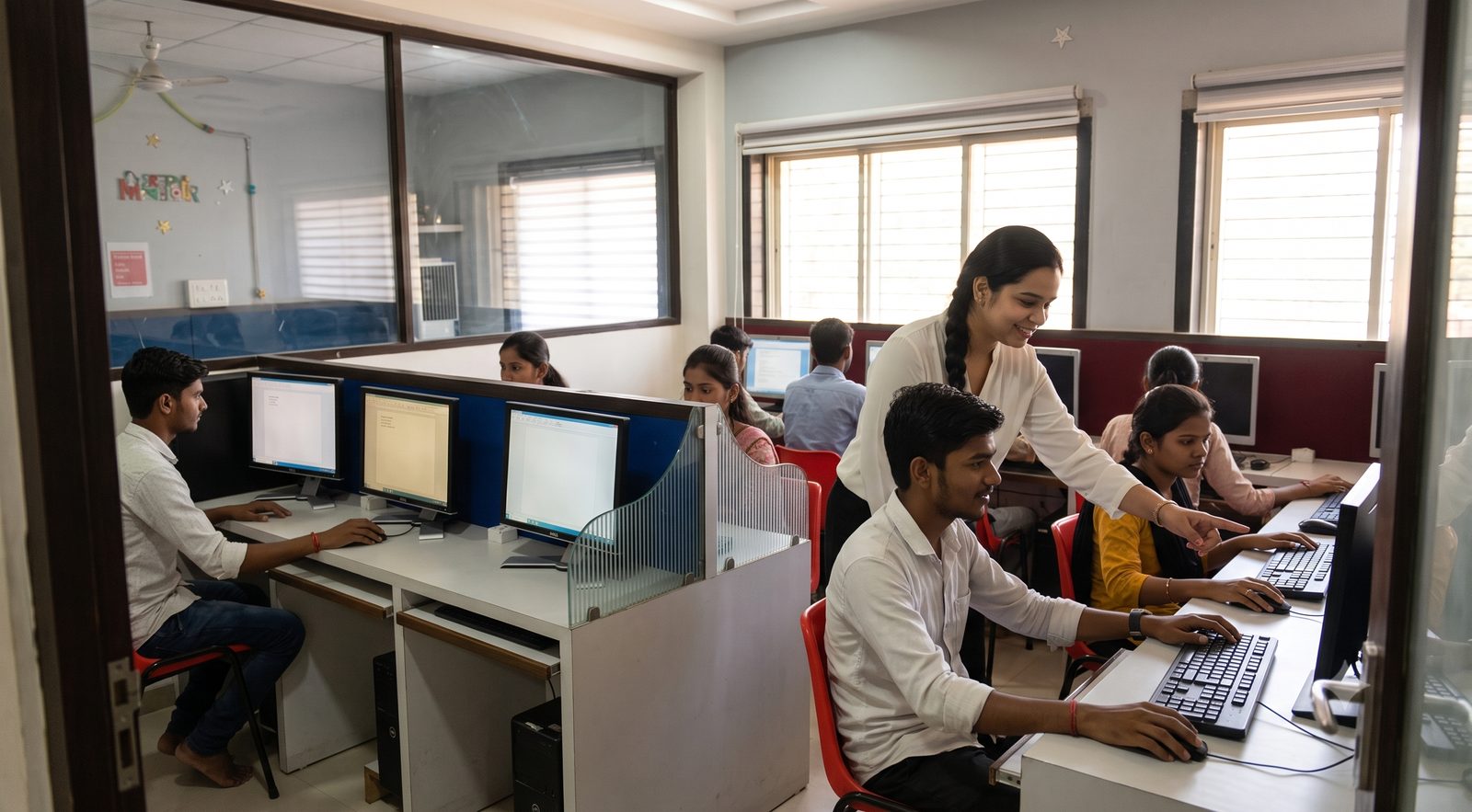 Students at work in the My e Land computer training lab, with an instructor helping at a desk